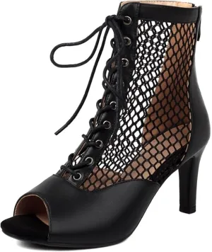 Women's Peep Toe Mesh Stiletto High Heels Ankle Boots Lace Up Summer Latin Dress Shoes Dance Booties for Women