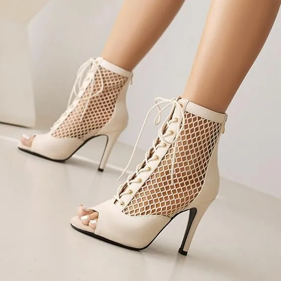 Women's Peep Toe Mesh Stiletto High Heels Ankle Boots Lace Up Summer Latin Dress Shoes Dance Booties for Women