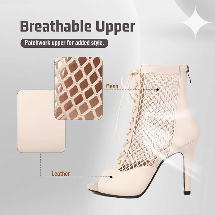 Women's Peep Toe Mesh Stiletto High Heels Ankle Boots Lace Up Summer Latin Dress Shoes Dance Booties for Women
