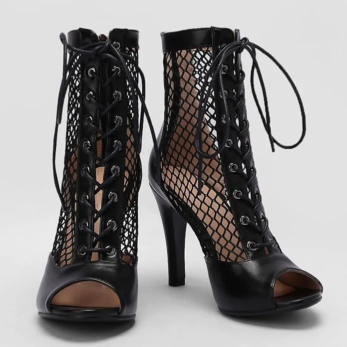 Women's Peep Toe Mesh Stiletto High Heels Ankle Boots Lace Up Summer Latin Dress Shoes Dance Booties for Women