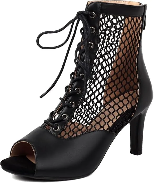 Women's Peep Toe Mesh Stiletto High Heels Ankle Boots Lace Up Summer Latin Dress Shoes Dance Booties for Women