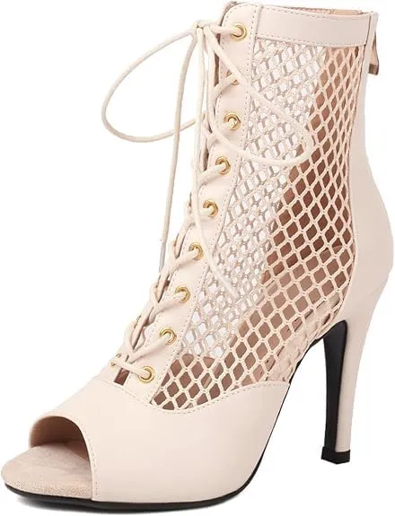 Women's Peep Toe Mesh Stiletto High Heels Ankle Boots Lace Up Summer Latin Dress Shoes Dance Booties for Women