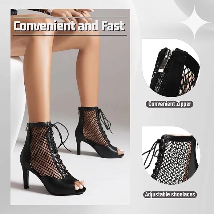 Women's Peep Toe Mesh Stiletto High Heels Ankle Boots Lace Up Summer Latin Dress Shoes Dance Booties for Women