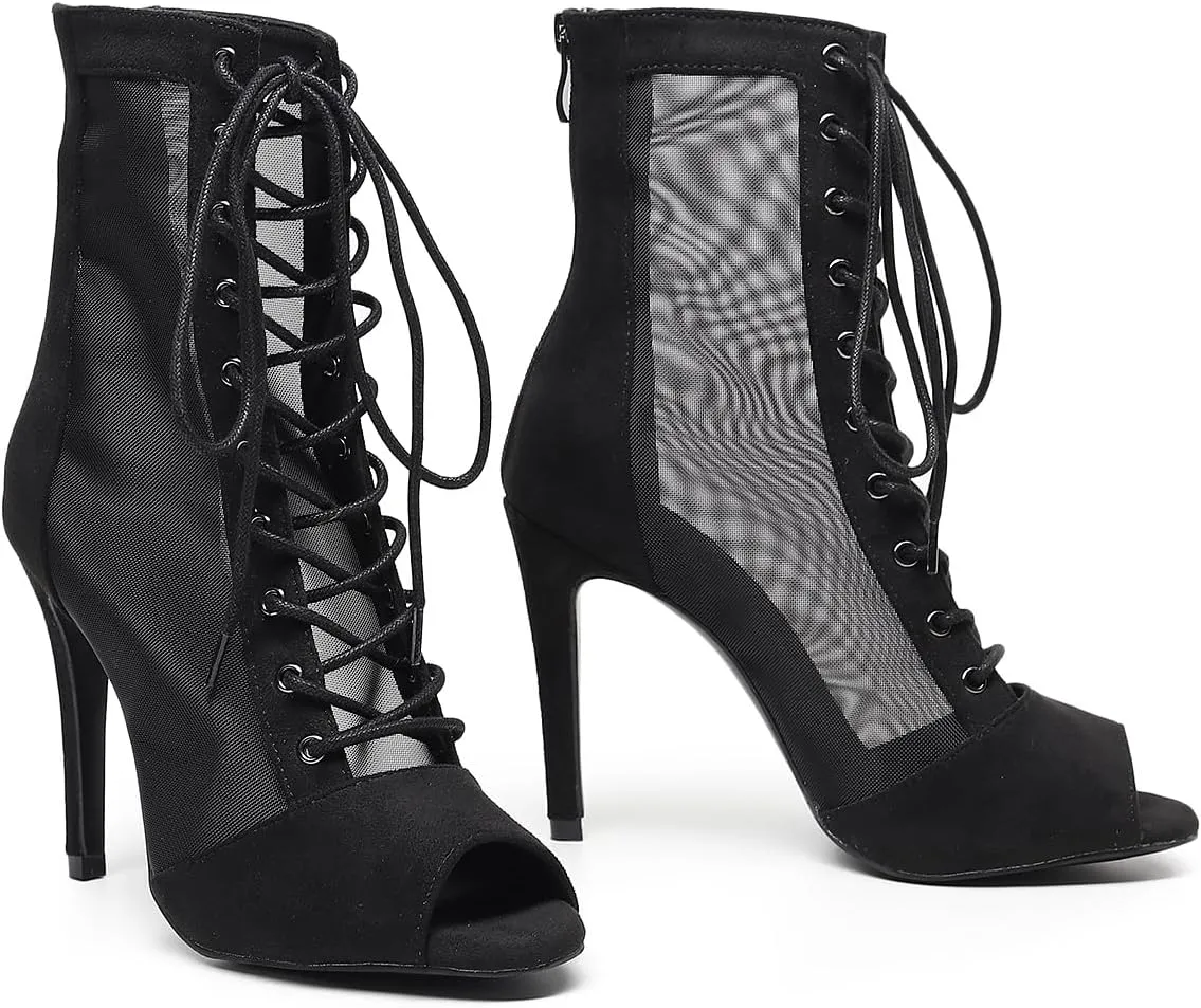 Women's Sexy Stilettos High Heel 3.5" Dance Heels Fashion Mesh Dancing Boots Sexy Lace Up Ankle Peep Toe Dance Booties