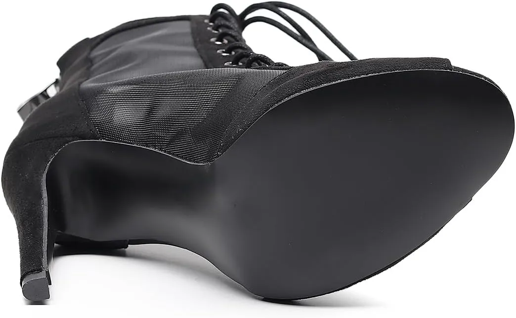 Women's Sexy Stilettos High Heel 3.5" Dance Heels Fashion Mesh Dancing Boots Sexy Lace Up Ankle Peep Toe Dance Booties