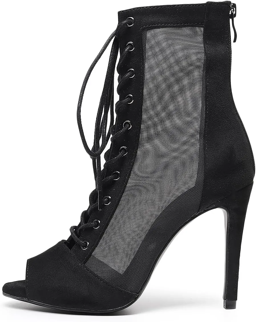 Women's Sexy Stilettos High Heel 3.5" Dance Heels Fashion Mesh Dancing Boots Sexy Lace Up Ankle Peep Toe Dance Booties