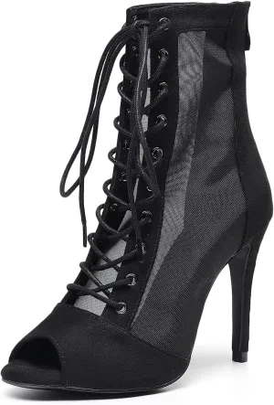 Women's Sexy Stilettos High Heel 3.5" Dance Heels Fashion Mesh Dancing Boots Sexy Lace Up Ankle Peep Toe Dance Booties