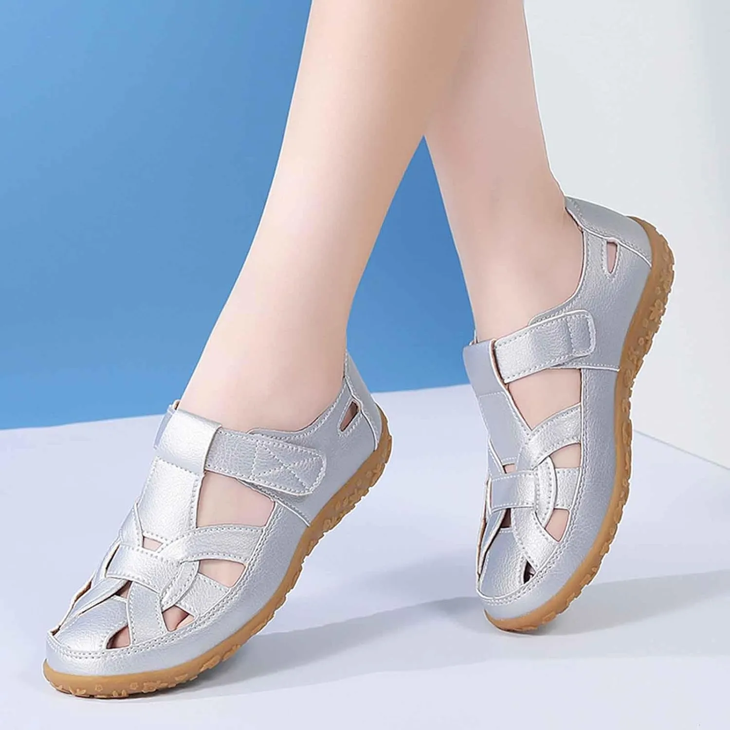 Women's Summer Casual Sandals Comfortable Flat Boho Leather Shoes with Perforated Design for Outdoor Vacation and Daily Wear