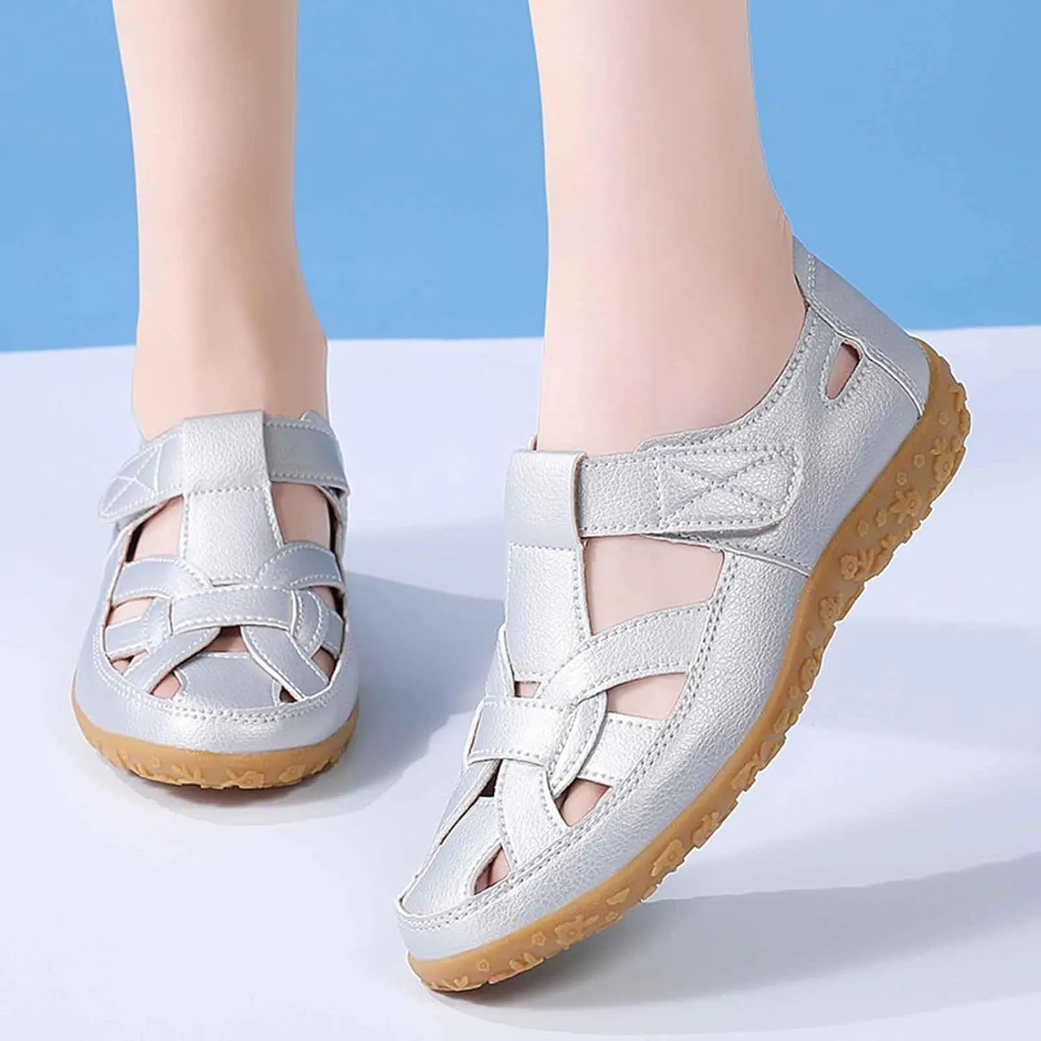 Women's Summer Casual Sandals Comfortable Flat Boho Leather Shoes with Perforated Design for Outdoor Vacation and Daily Wear