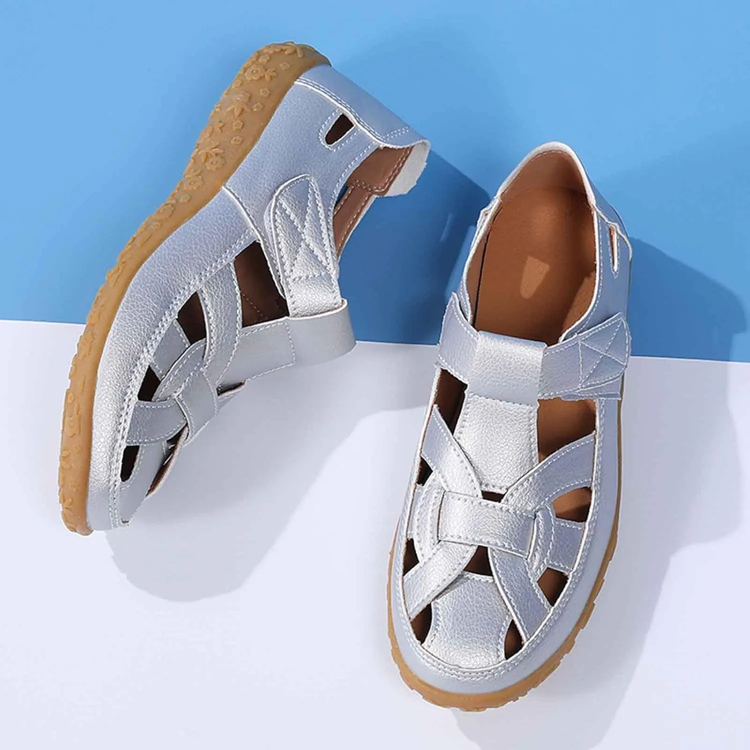 Women's Summer Casual Sandals Comfortable Flat Boho Leather Shoes with Perforated Design for Outdoor Vacation and Daily Wear