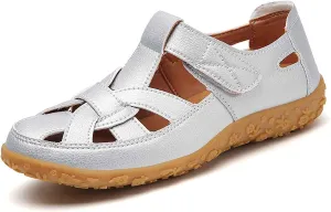 Women's Summer Casual Sandals Comfortable Flat Boho Leather Shoes with Perforated Design for Outdoor Vacation and Daily Wear
