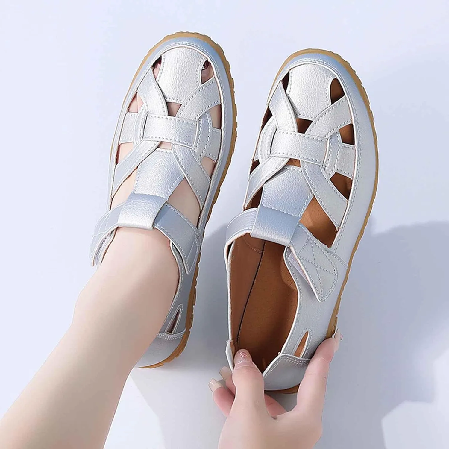 Women's Summer Casual Sandals Comfortable Flat Boho Leather Shoes with Perforated Design for Outdoor Vacation and Daily Wear