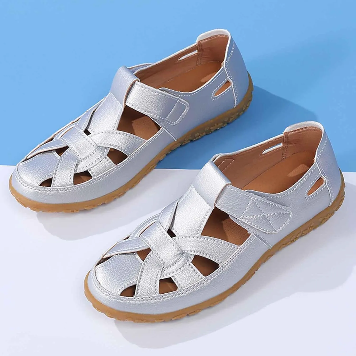 Women's Summer Casual Sandals Comfortable Flat Boho Leather Shoes with Perforated Design for Outdoor Vacation and Daily Wear
